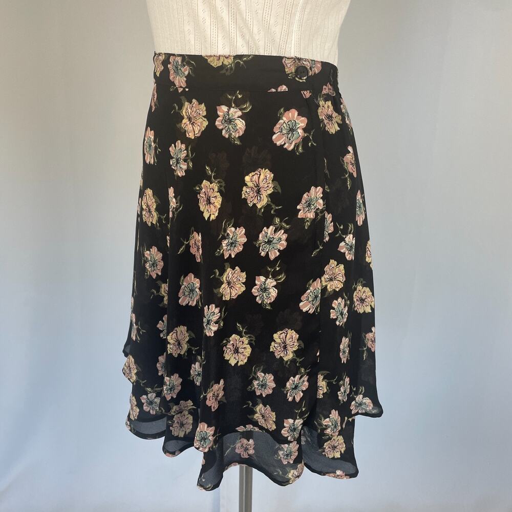 Y2K Mini Skirt Medium Black Pink Floral Flirty Asymmetrical Chiffon Feminine - Picture 5 of 13